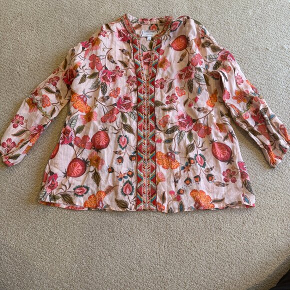 Johnny Was Blouse Tunic Boho Pink Paris Effortless Floral Aztec Embroidery SMALL - Picture 3 of 14
